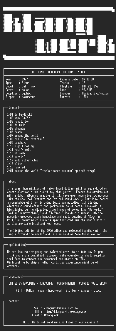 NFO file for Daft.punk--homework.(edition.limite)-1997-kW