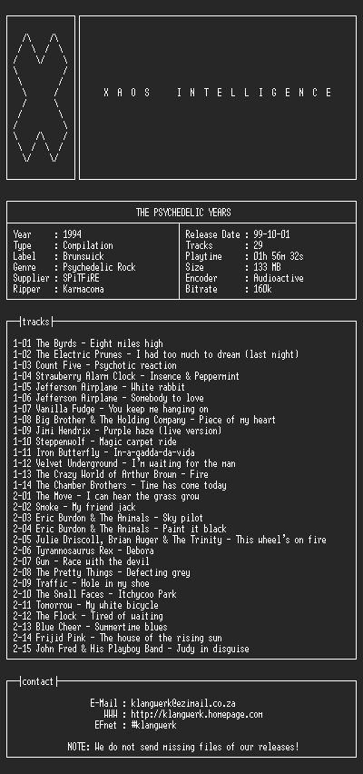 NFO file for The.Psychedelic.Years-1994-XI-kW