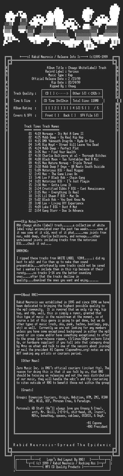 NFO file for VA-Chuwys_White(Label)_Trash-1999-RNS