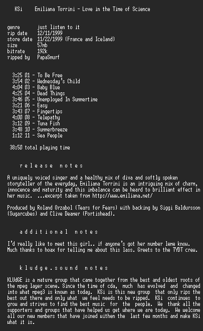 NFO file for Emiliana_Torrini_-_Love_in_the_Time_of_Science-1999-KSi