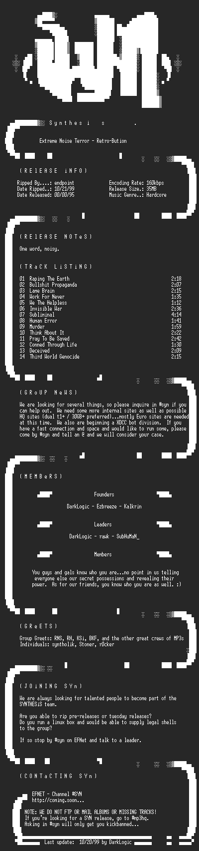 NFO file for Extreme_Noise_Terror-Retro-Bution-1995-SYN