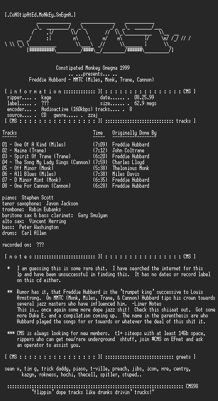 NFO file for Freddie_Hubbard-Monk_Miles_Trane_and_Cannon-1999-CMS