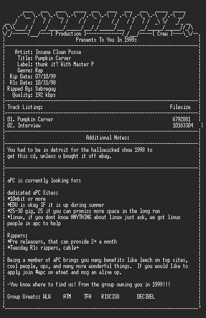 NFO file for Insane_clown_posse-pumpkin_carver-1998-apc