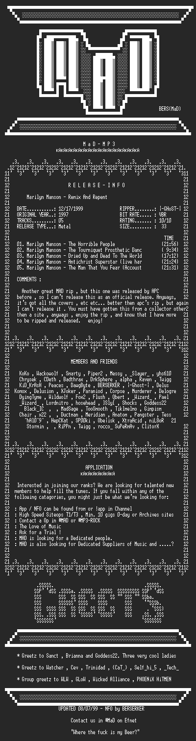 NFO file for Marilyn_Manson_-_Remix_And_Repent_(1997)-MAD
