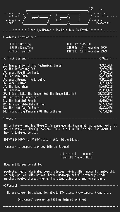 NFO file for Marilyn_Manson-The_Last_Tour_on_Earth-1999-Sinned-EGO