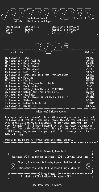 NFO file for Saukrates-The_Underground_Tapes-1999-aPC