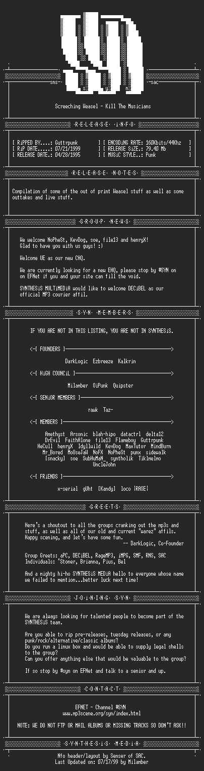 NFO file for Screeching_Weasel_-_Kill_The_Musicians-1995-SYN