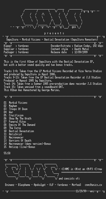 NFO file for Sepultura-morbid_visions-bestial_devastation-remastered-1999-cnmc