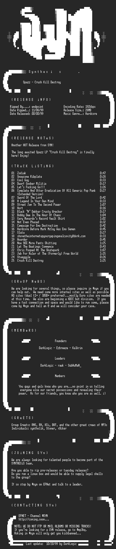 NFO file for Spazz-Crush_Kill_Destroy-1999-SYN