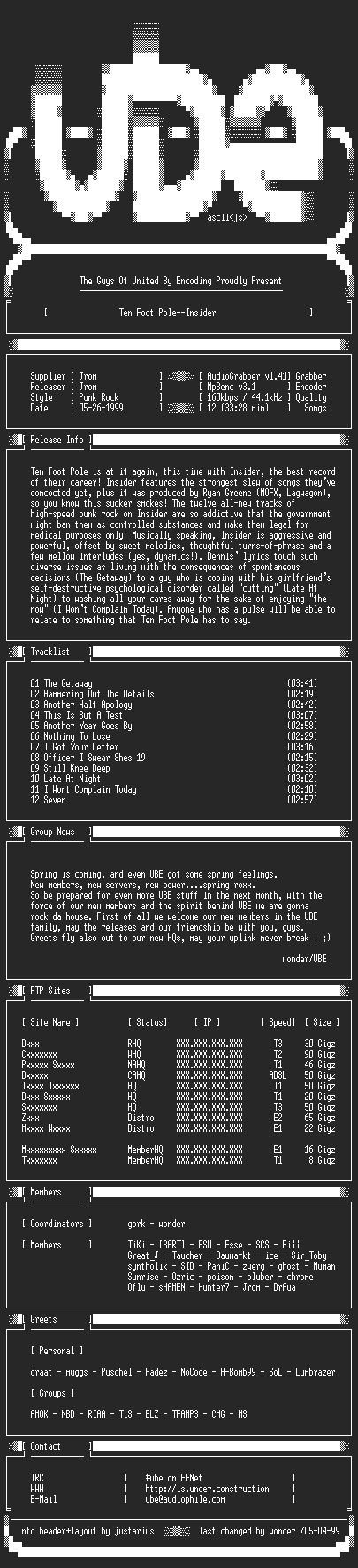 NFO file for Ten.Foot.Pole--Insider-1999-UBE