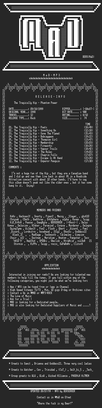 NFO file for The_Tragically_Hip_-_Phantom_Power_(1998)-MAD