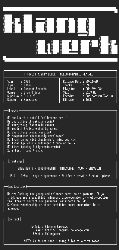 NFO file for A.forest.mighty.black--mellowdramatic.remixed-1998-kW