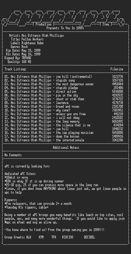 NFO file for Ani_Difranco_Utah_Philliips-Fellow_Workers-1999-aPC