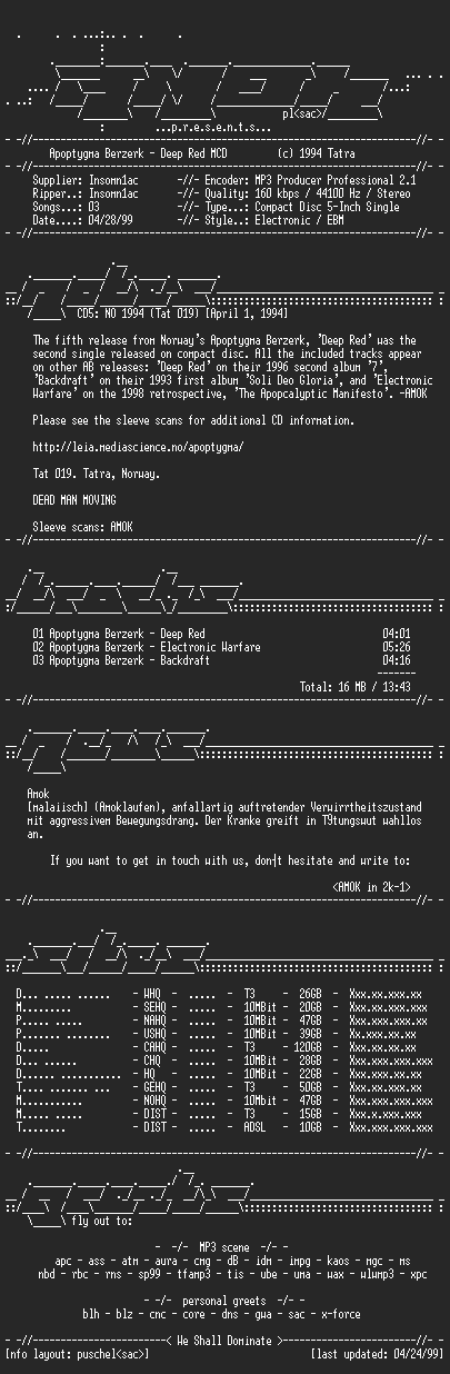 NFO file for Apoptygma.Berzerk-Deep.Red.(MCD)-(1994)-AMOK