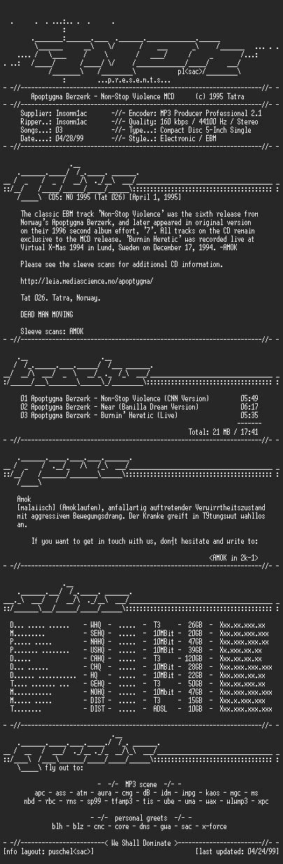 NFO file for Apoptygma_Berzerk-Non_Stop_Violence-(MCD)-1995-AMOK