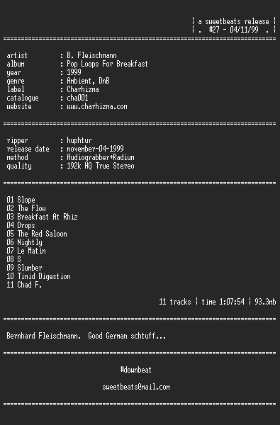 NFO file for B._Fleischmann--Pop_Loops_For_Breakfast-1999-sb