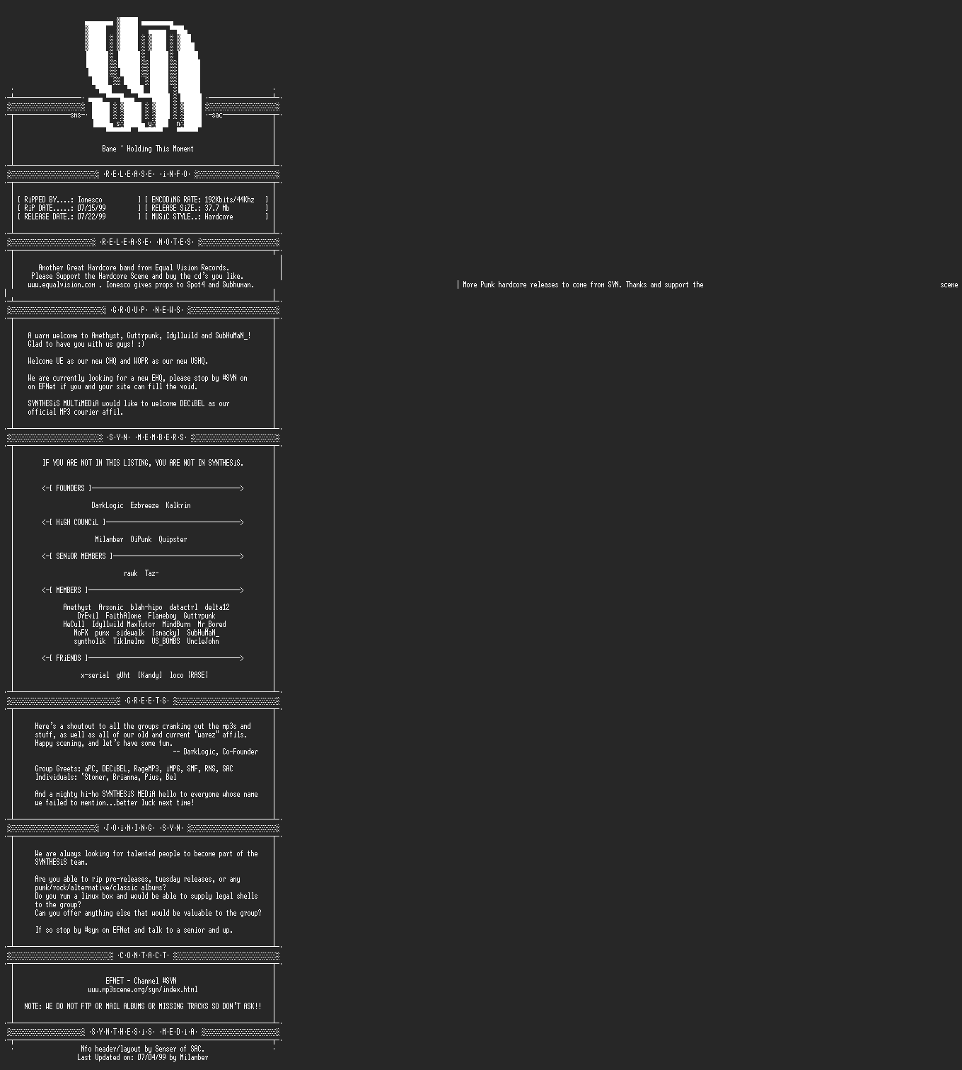 NFO file for Bane_-_Holding_This_Moment-1998-SYN