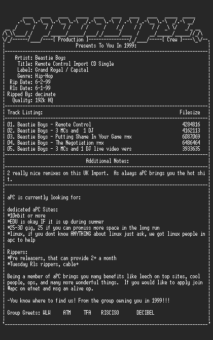 NFO file for Beastie_boys-remote_control_import_cd_single-1999-apc