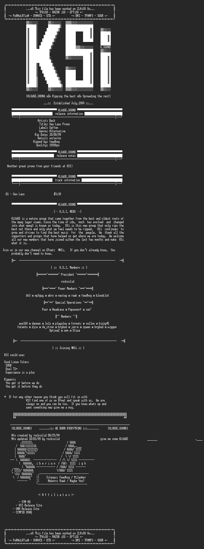 NFO file for Beck-Sex_Laws-Promo-1999-KSi