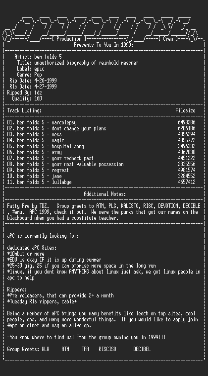 NFO file for Ben_Folds_5-Unauthorized_Biography_Of_Reinhold_Messner-1999-aPC