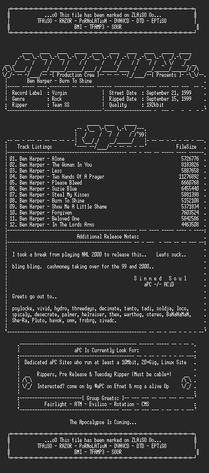 NFO file for Ben_Harper-Burn_To_Shine-1999-Sinned-aPC