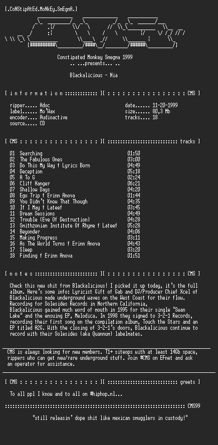 NFO file for Blackalicious-Nia-1999-CMS