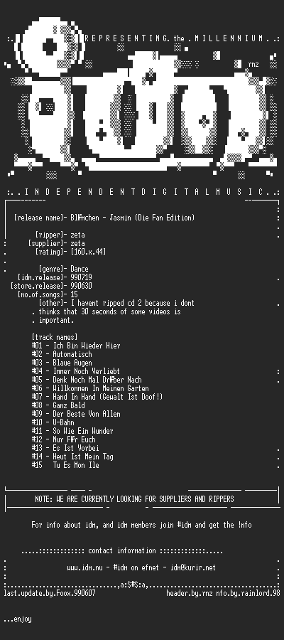 NFO file for Blumchen_-_Jasmin_Die_Fan_Edition_(CD-1999)-IDM