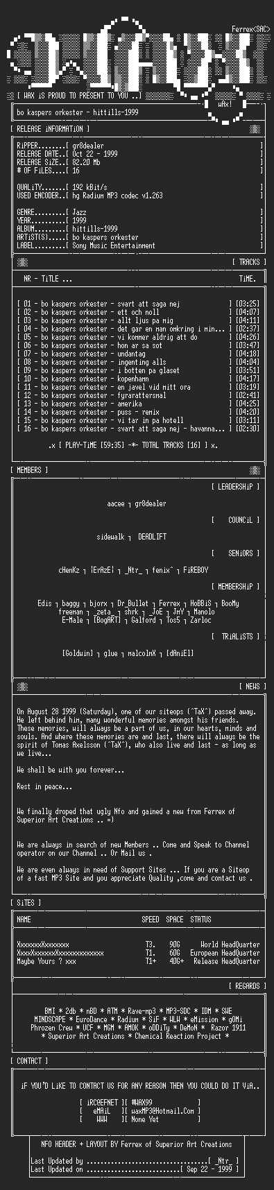 NFO file for Bo_Kaspers_Orkester_-_Hittills-1999-(1999)-wAx