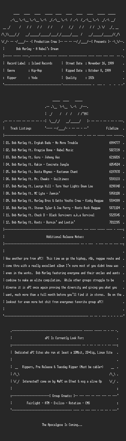 NFO file for Bob_Marley-A_Rebels_Dream-1999-aPC