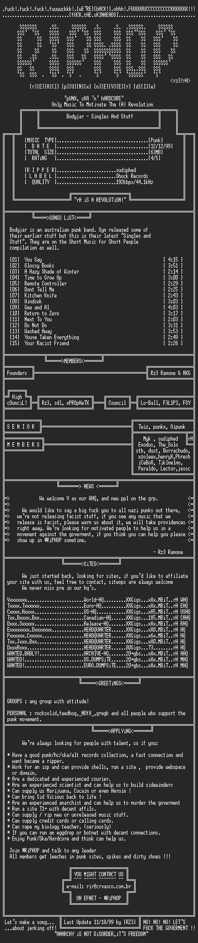 NFO file for Bodyjar-Singles_And_Stuff-1999-rH