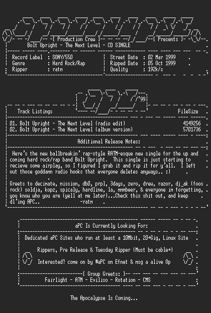 NFO file for Bolt_Upright-The_Next_Level-CD_Single-1999-ratm-aPC