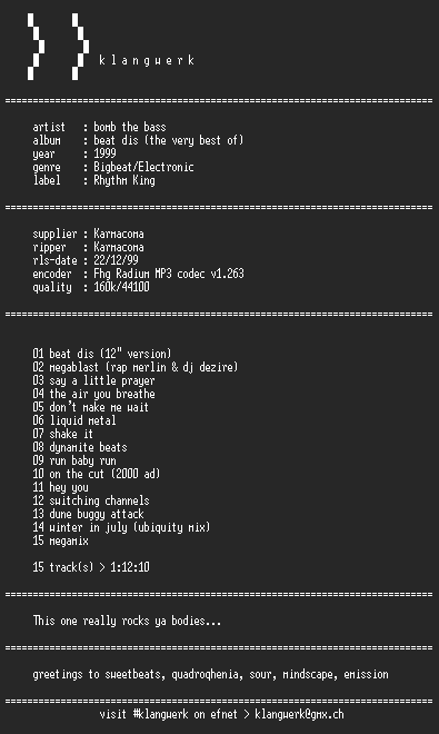 NFO file for Bomb.the.bass--beat.dis.(the.very.best.of)-1999-kW