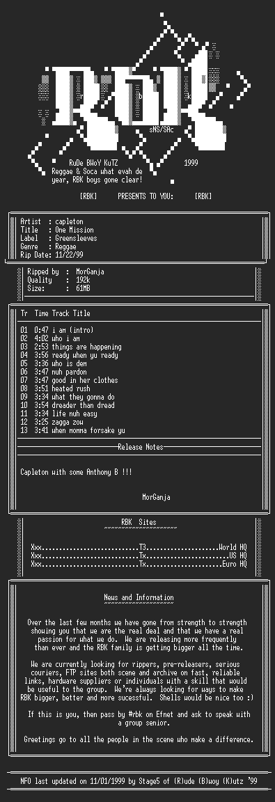 NFO file for Capleton-One_Mission-1999-rbk-MorGanja