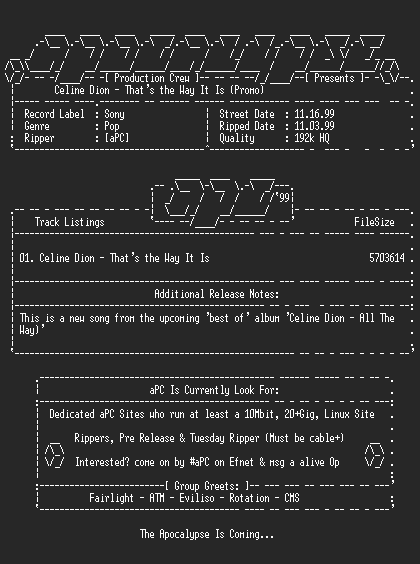 NFO file for Celine_Dion-Thats_The_Way_It_Is_Promo-1999-aPC