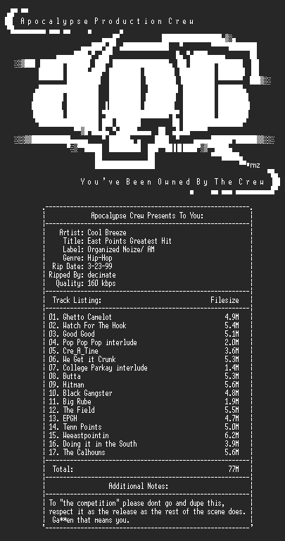 NFO file for Cool_Breeze-East_Points_Greatest_Hits-1999-decimate-aPC