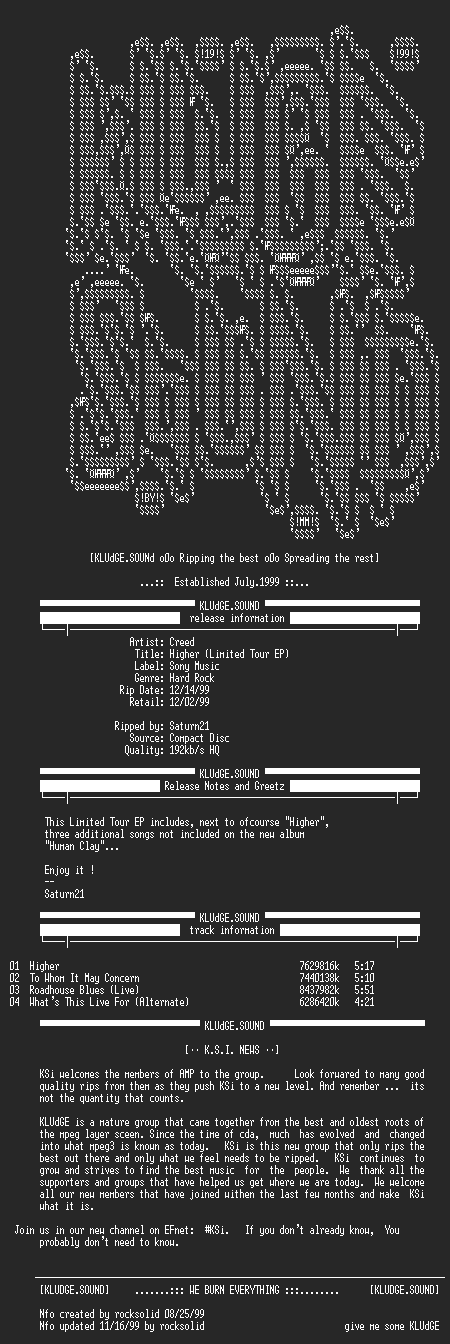 NFO file for Creed-Higher_(Limited_Tour_EP)-1999-KSi