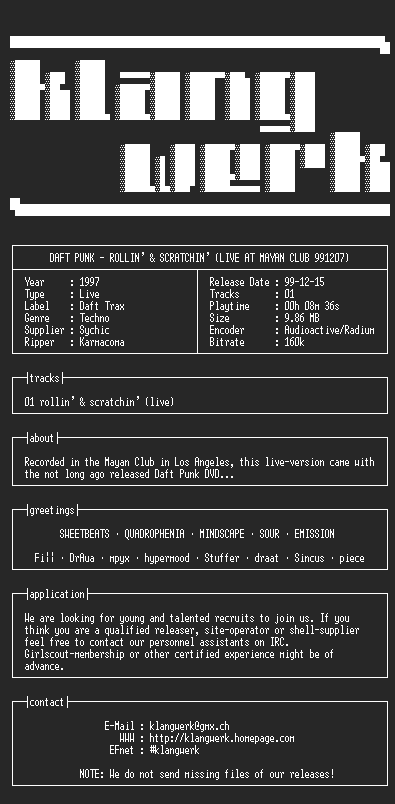 NFO file for Daft.punk--rollin.and.scratchin.(live.at.mayan.club.971207)-1997-kW