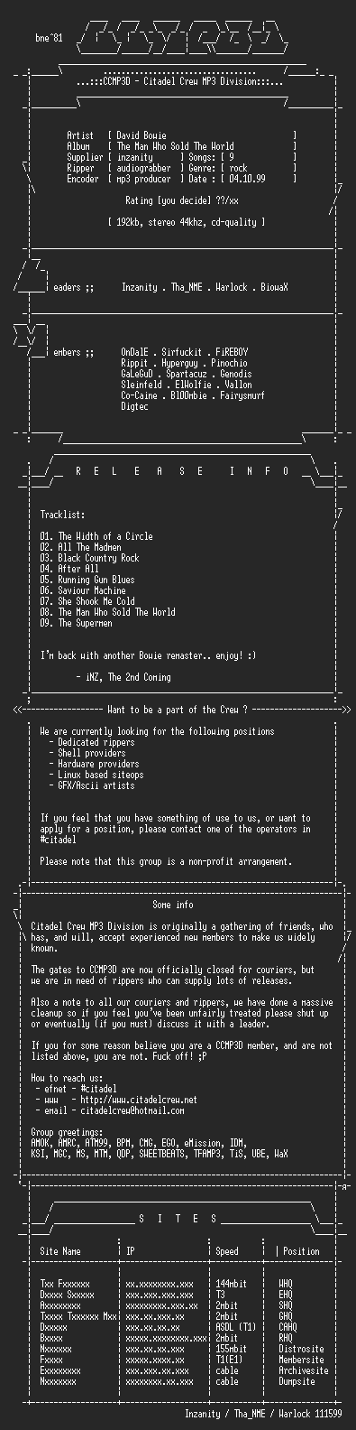 NFO file for David_Bowie_-_The_Man_Who_Sold_The_World_(Remastered)-1999-CCMP3D