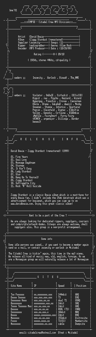NFO file for David_Bowie_-_Ziggy_Stardust_(Remastered)-1999-CCMP3D