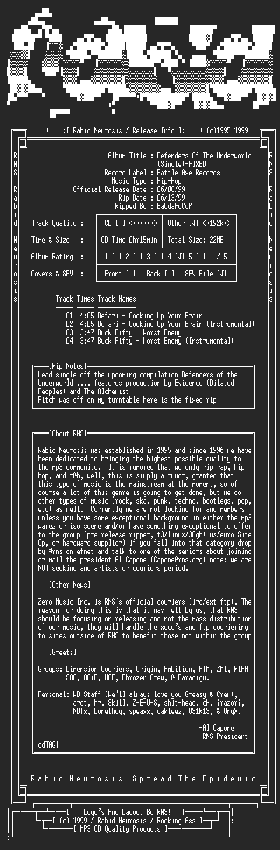 NFO file for Defenders_Of_The_Underworld_(Single)-Fixed-1999-RNS