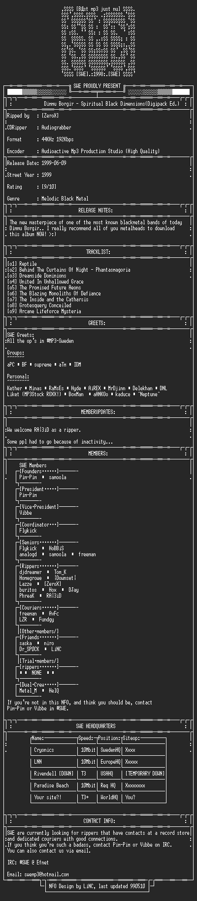 NFO file for Dimmu_Borgir_-_Spritual_Black_Dimensions-1999-SWE