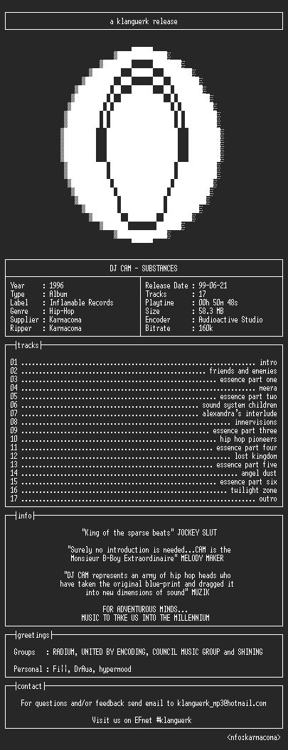 NFO file for dj.cam--substances-1996-kW