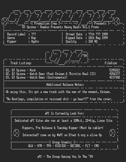 NFO file for Dj_spinna_ft_eminem-heavy_beats_vol1_promo-1999-apc