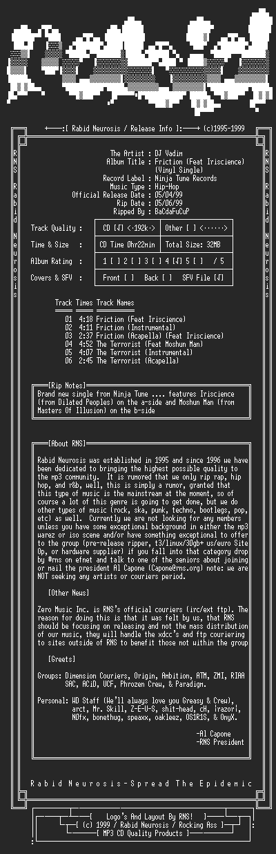 NFO file for DJ_Vadim-Friction_(feat_Iriscience)_(Vinyl_Single)-1999-RNS