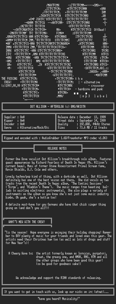 NFO file for Dot_Allison-Afterglow-1999-TFC