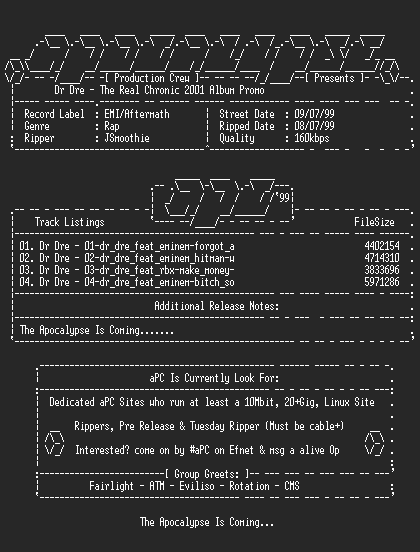 NFO file for Dr_Dre-The_Real_Chronic_2001_Album_Promo-1999-aPC