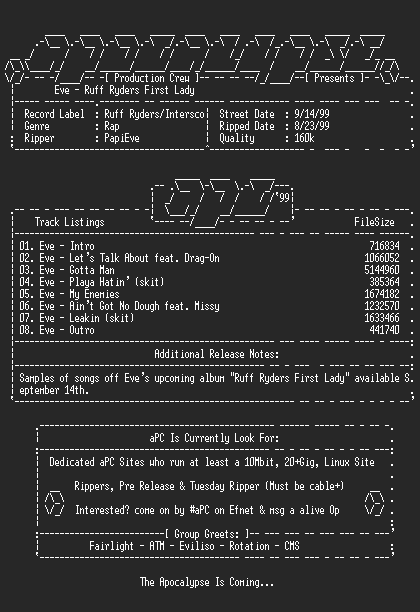 NFO file for Eve-ruff_ryders_first_lady_sample-1999-papieve-apc