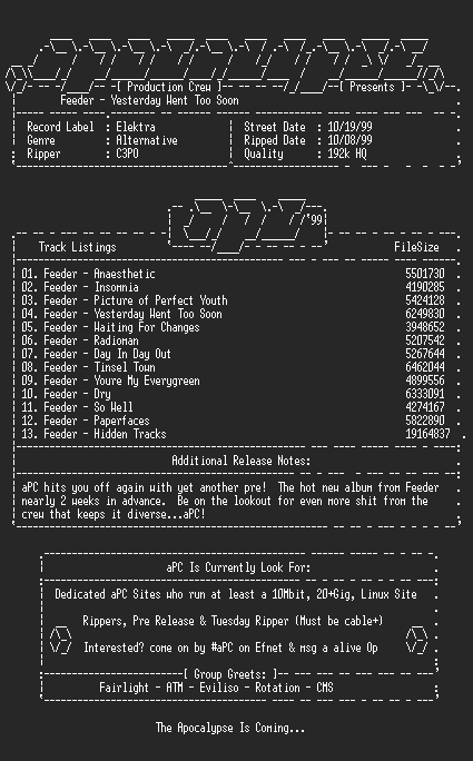 NFO file for Feeder-Yesterday_Went_Too_Soon-1999-aPC