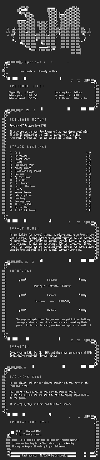 NFO file for Foo_Fighters_-_Naughty_or_Nice-1997-SYN