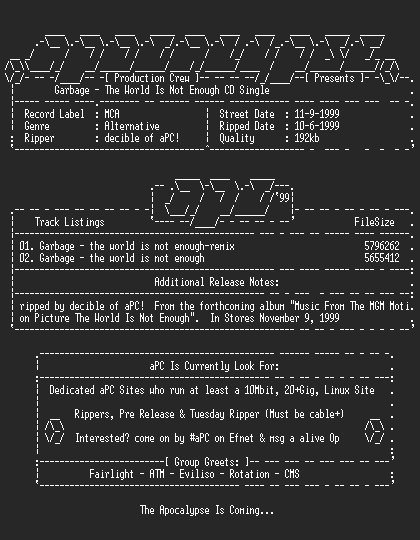 NFO file for Garbage-The_World_Is_Not_Enough_CD_Single-1999-aPC